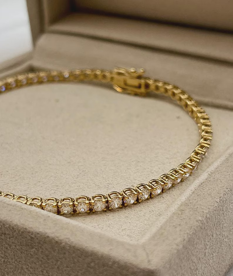 Promise Gift Tennis Bracelet Round Cut Natural Diamond 14k Solid Yellow Gold