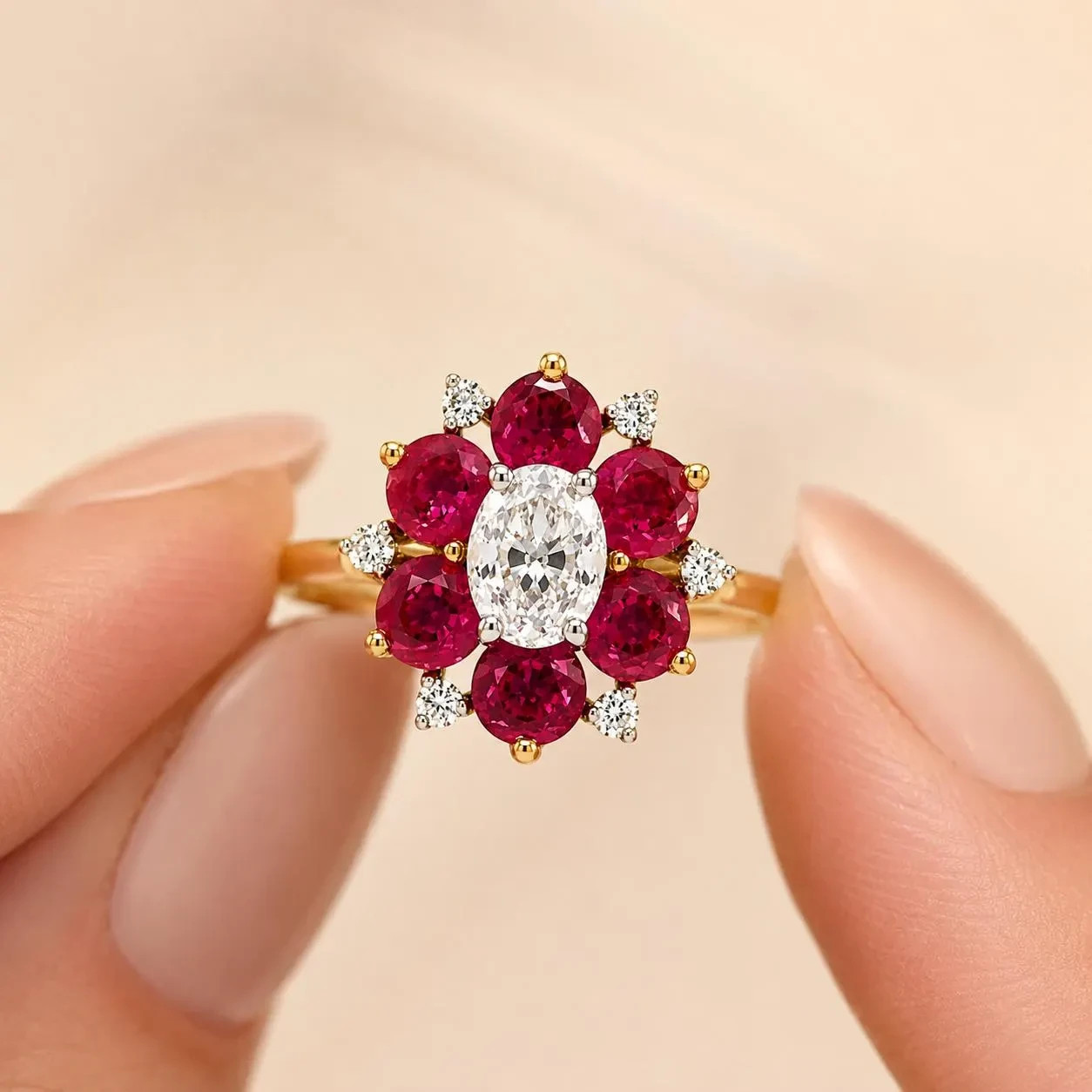 Natural Mined Diamond and Pink Sapphire Floral Halo Bridal Cocktail Ring – 14KT