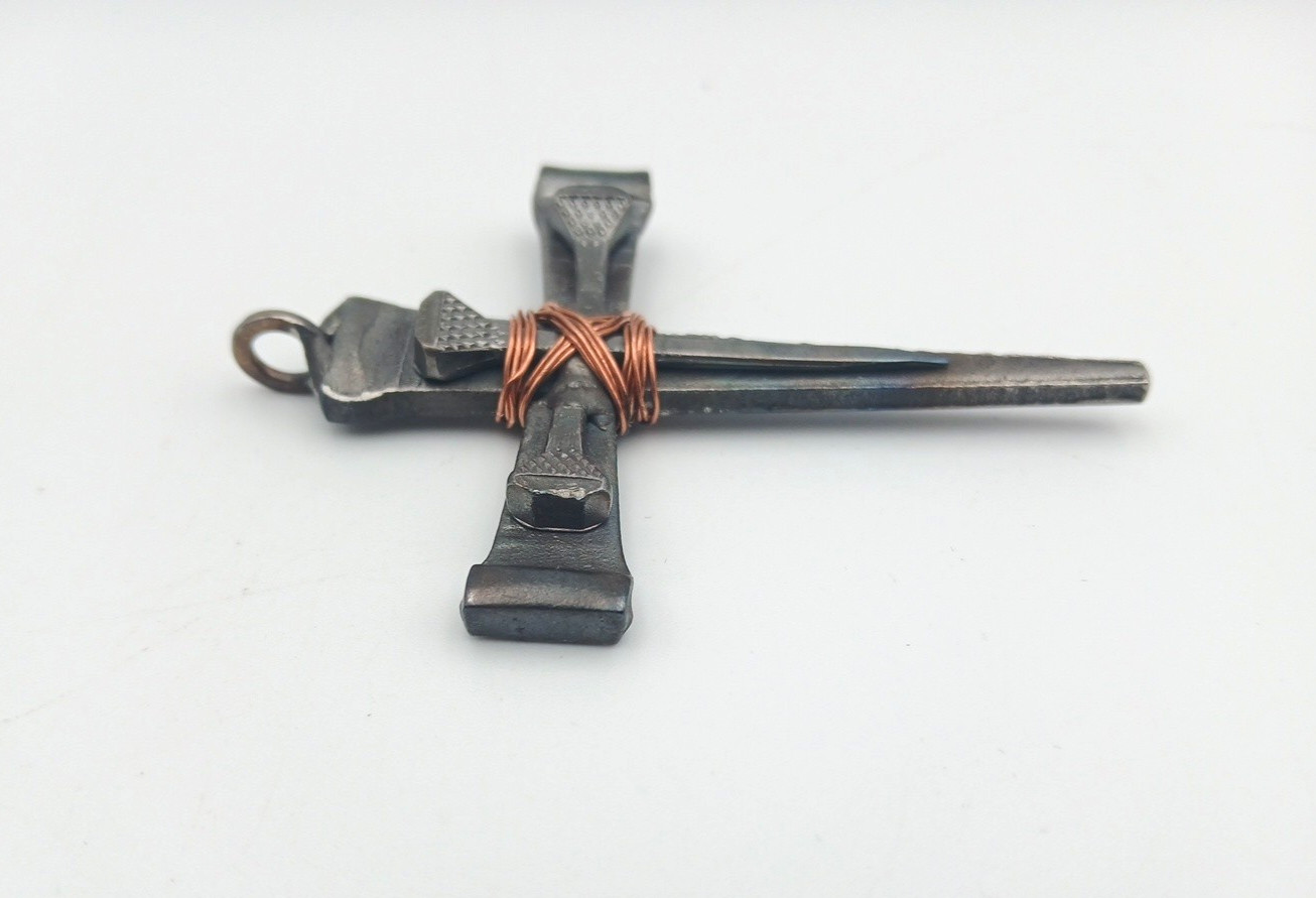 Handmade Steel Copper Cross Pendant Brutalist Rustic 3.25″