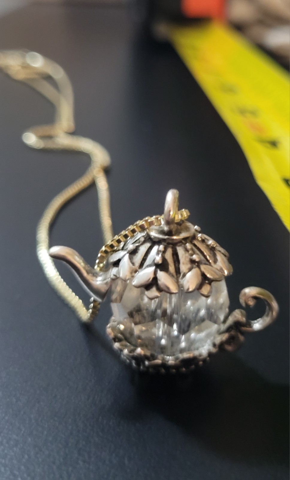 Silver Chain Necklace W/ Whimsical Teapot Charm Pendant Clear Crystal 19-24in