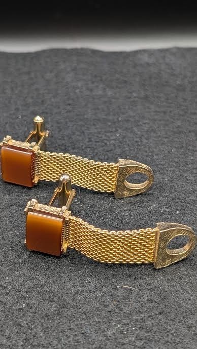 Vintage Mesh Chain Gold tone Modernist Square Clear Brown Stone Cuff Links