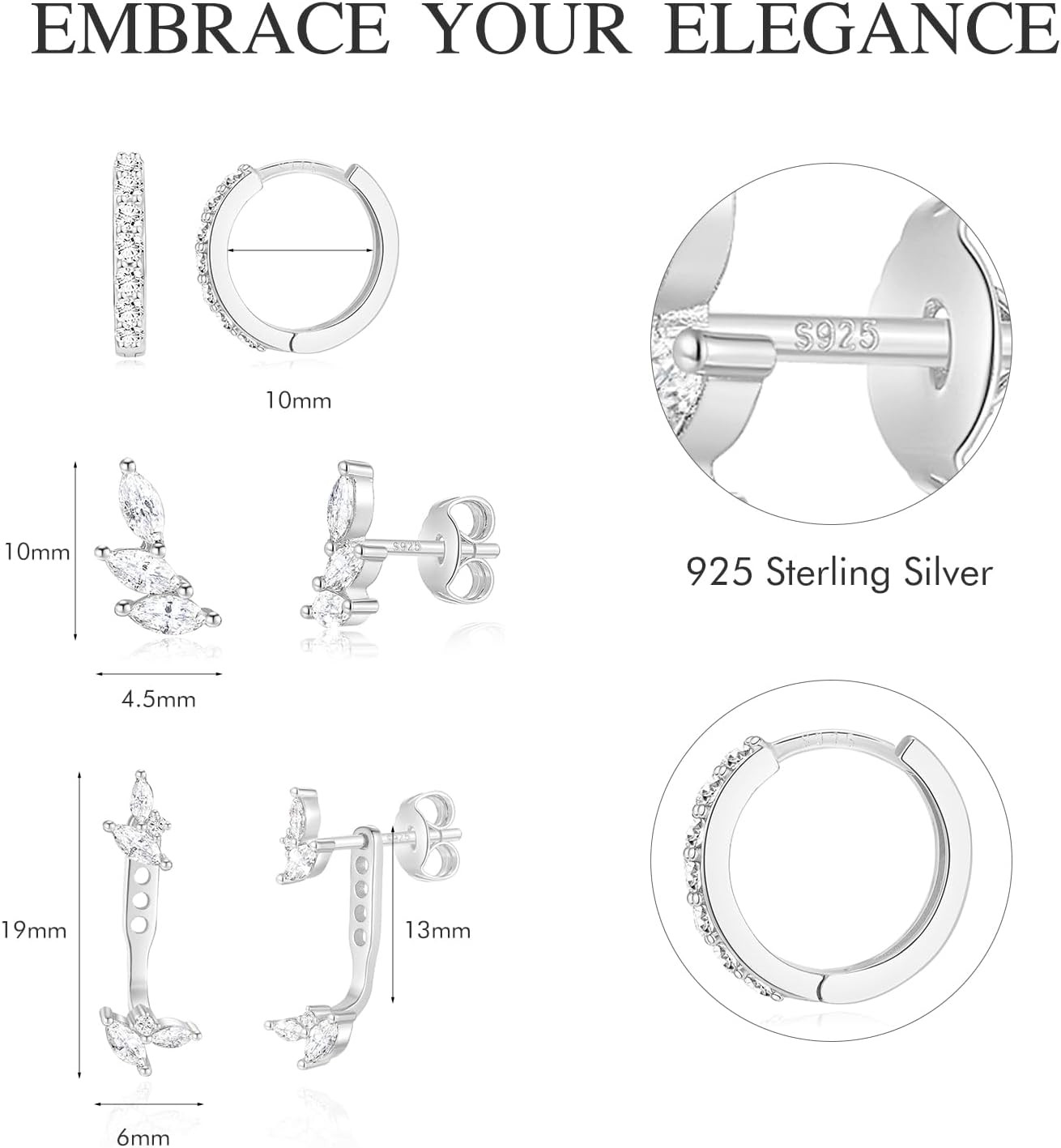 925 Sterling Silver Earrings Set for Women, 3 Pairs Hypoallergenic Earring Set f