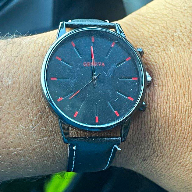 Geneva Men’s Quartz Analog Wristwatch Black Dial Red Stick Markers Leather