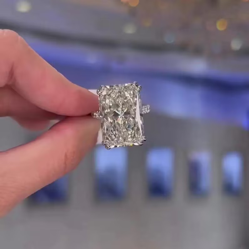7.50Ct Radiant-Cut Lab Grown Diamond Accent Stone Engagement Ring 14K White Gold