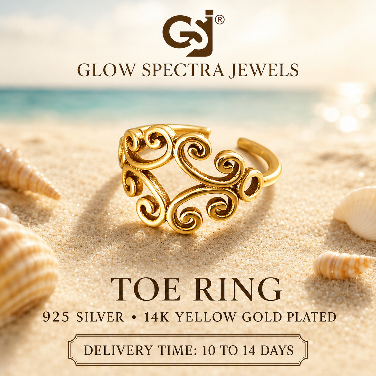 WOMEN’S Multiple Swirl Adjustable Toe Ring 925 Silver 14K Yellow Gold Plated