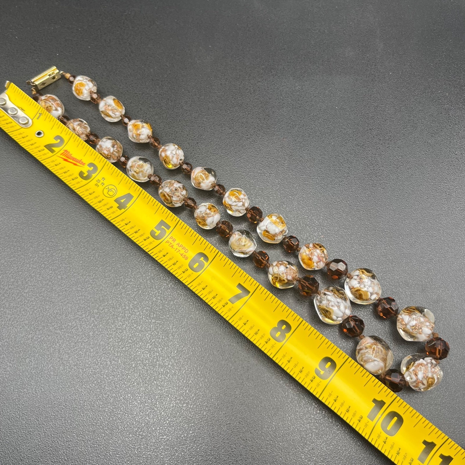 Vintage Art Glass Necklace Gold Foil Beads Lamp Work Smoky Brown Spacers 20″ WOW