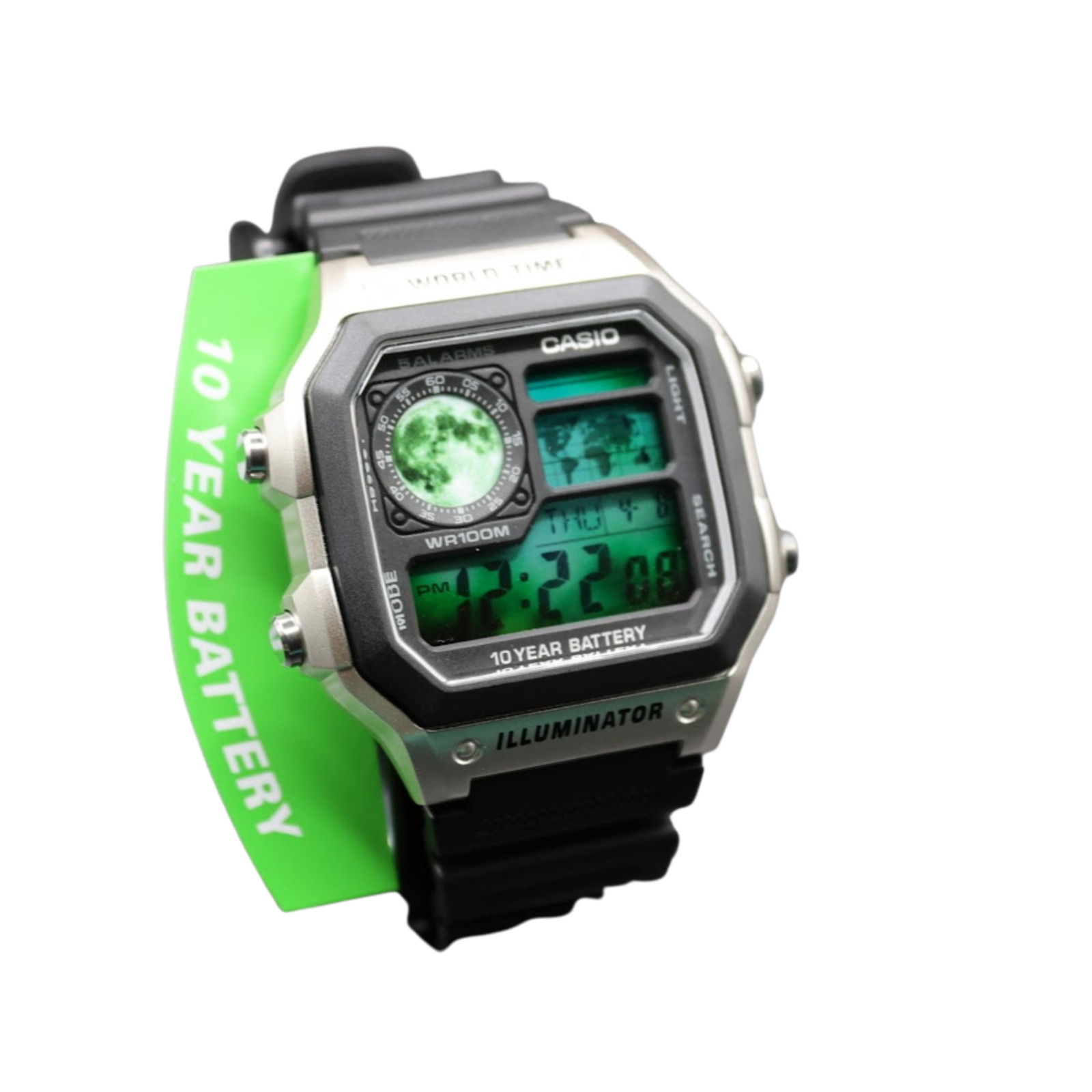 CASIO AE-1200WHD Royale World Time Watch Mod Lunar Green Display