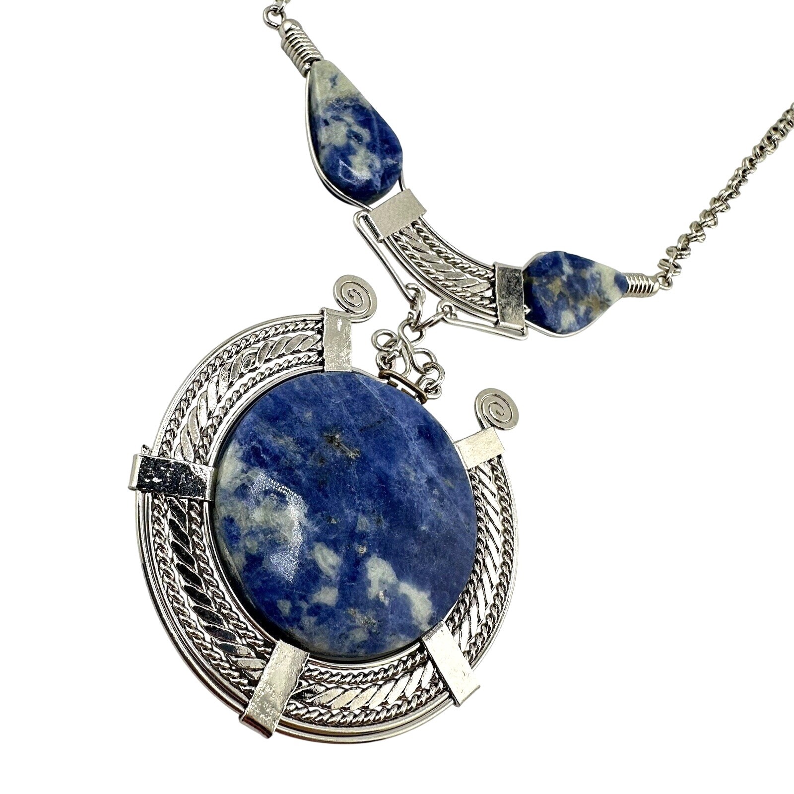 Artisan Boho Sodalite Blue White Medallion Tribal Silver Tone 20” Necklace
