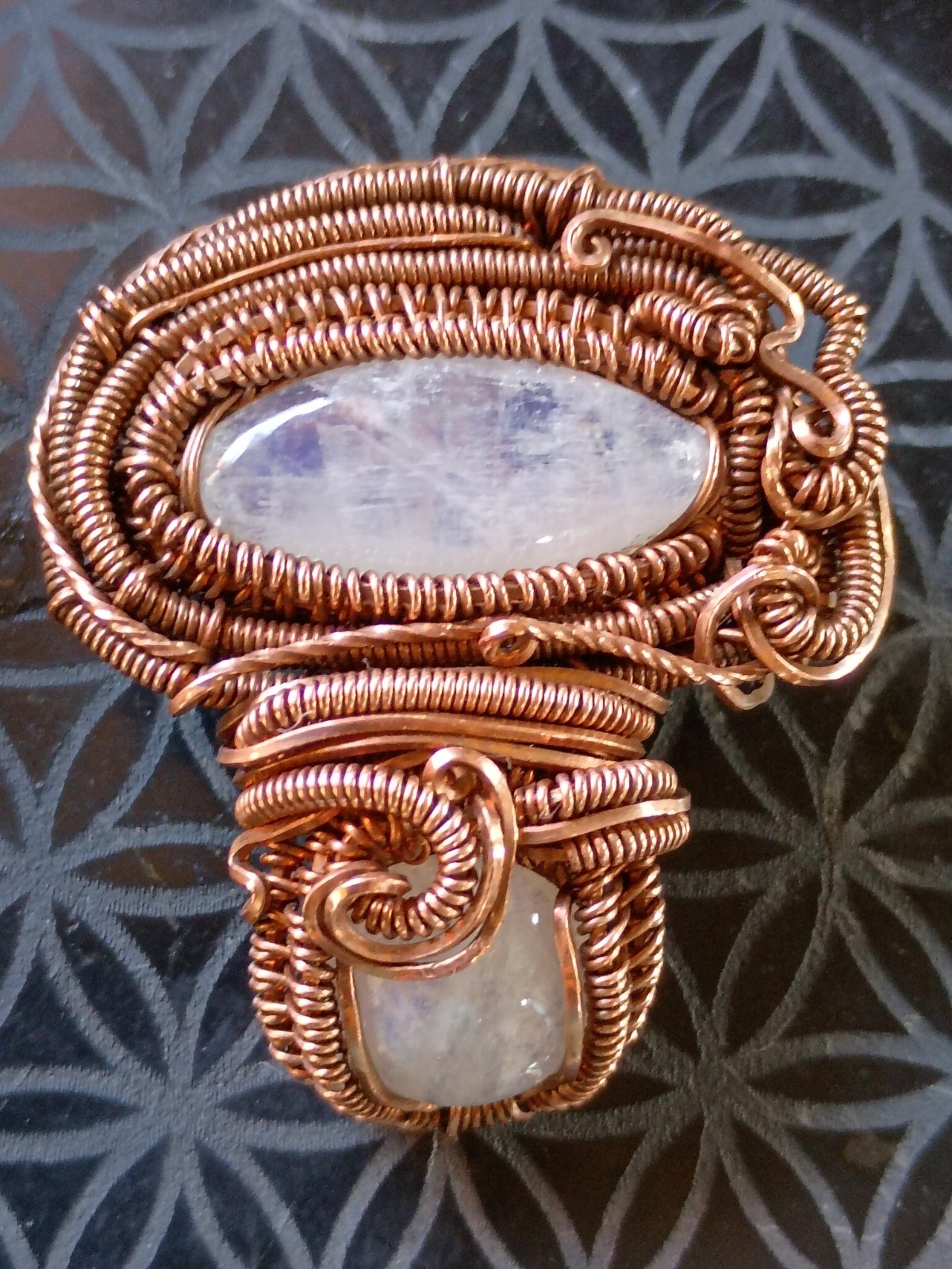 Moonstone Mushroom Pendant Copper Wirewrap Eyeball Handmade