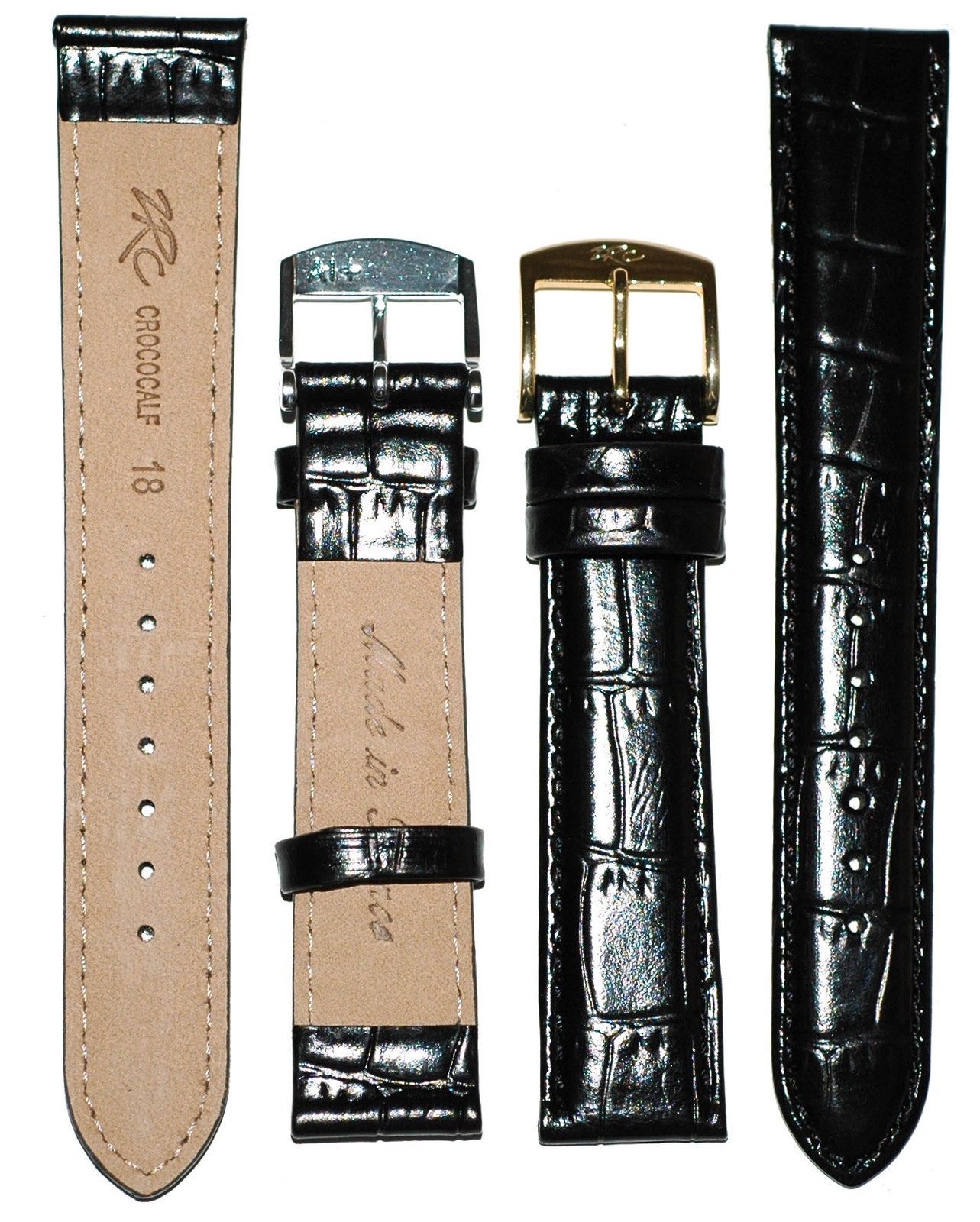 Calf Leather Watch Strap, Alligator Grain, Silver or Gold Buckle, Black or Brown