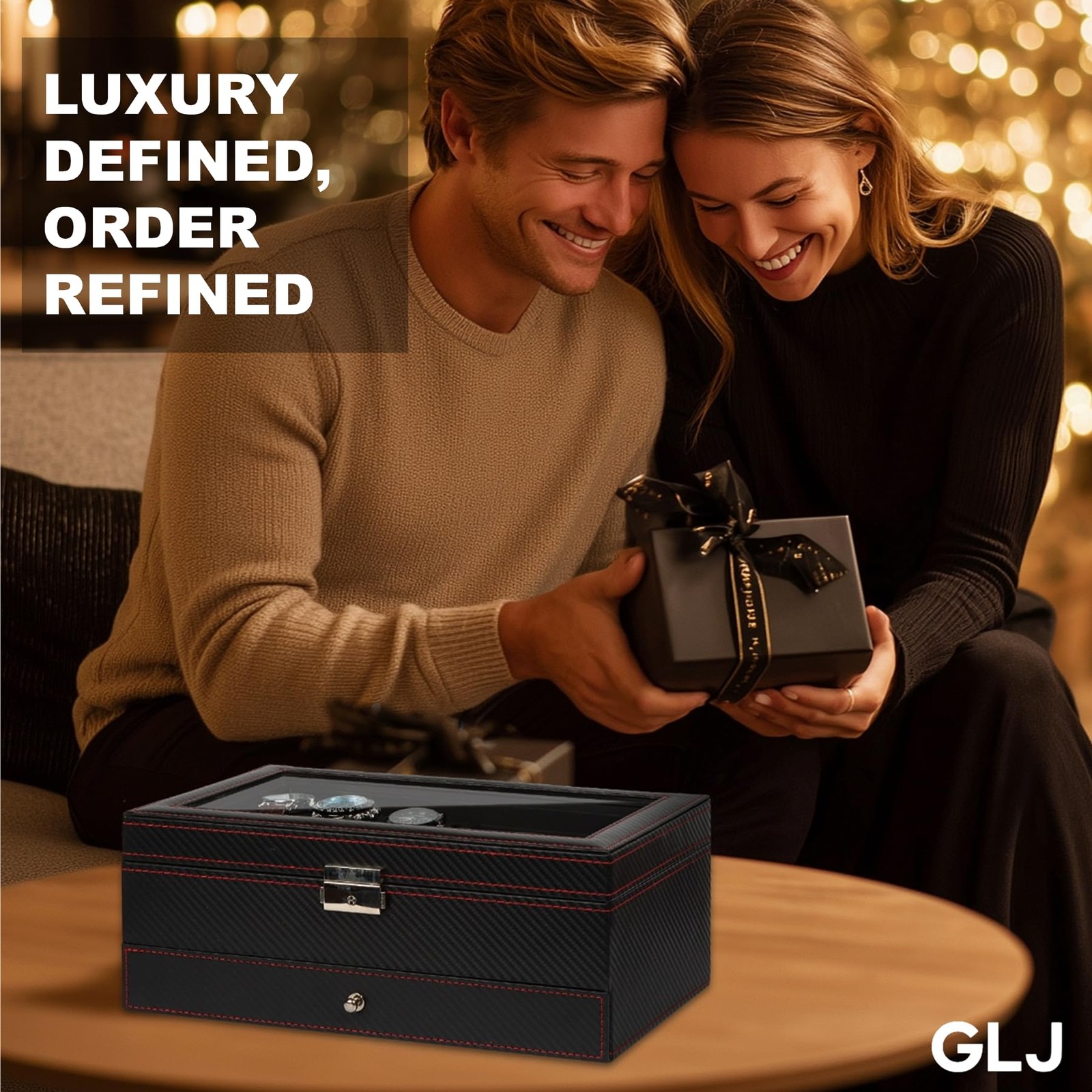 GLJ Jewelry Box for Men, 6 Slot Watch Organizer 6-Slots, Black