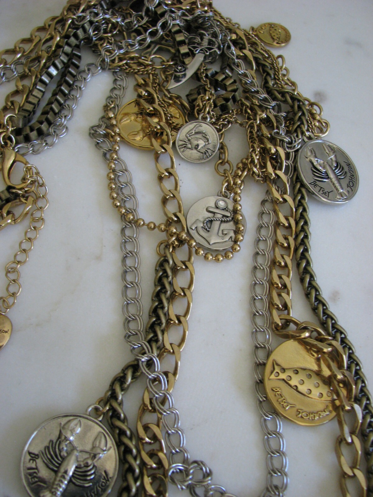 VINTAGE BETSEY JOHNSON PIRATE SKULL DAGGER NAUTICAL LONG CHAIN NECKLACE~RARE
