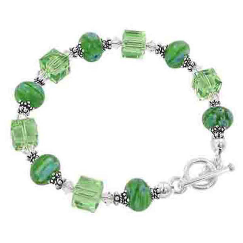 Green Millefiori Glass & Austrian Crystals 925 Sterling Silver 7.5 inch Long Bra