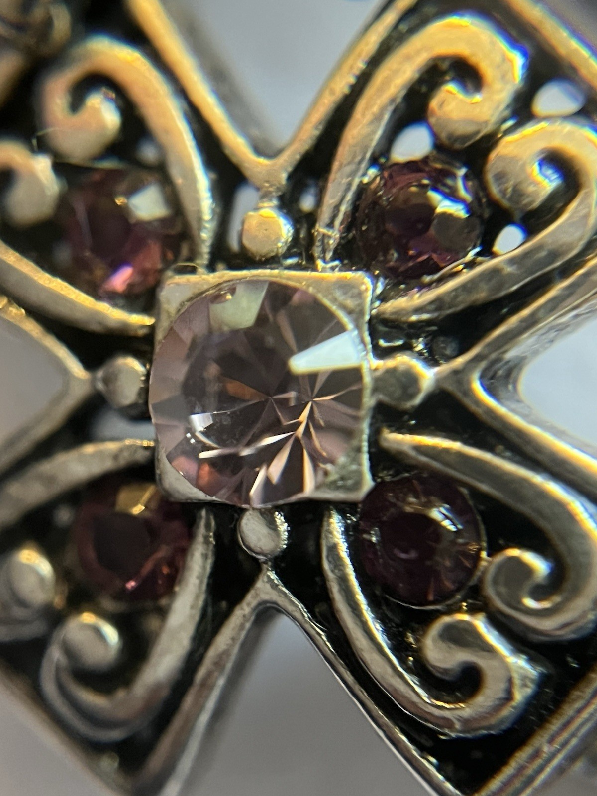 Vintage Gothic Stainless Steel Cross Link Bracelet Pink Rhinestone Crystal 7.5″