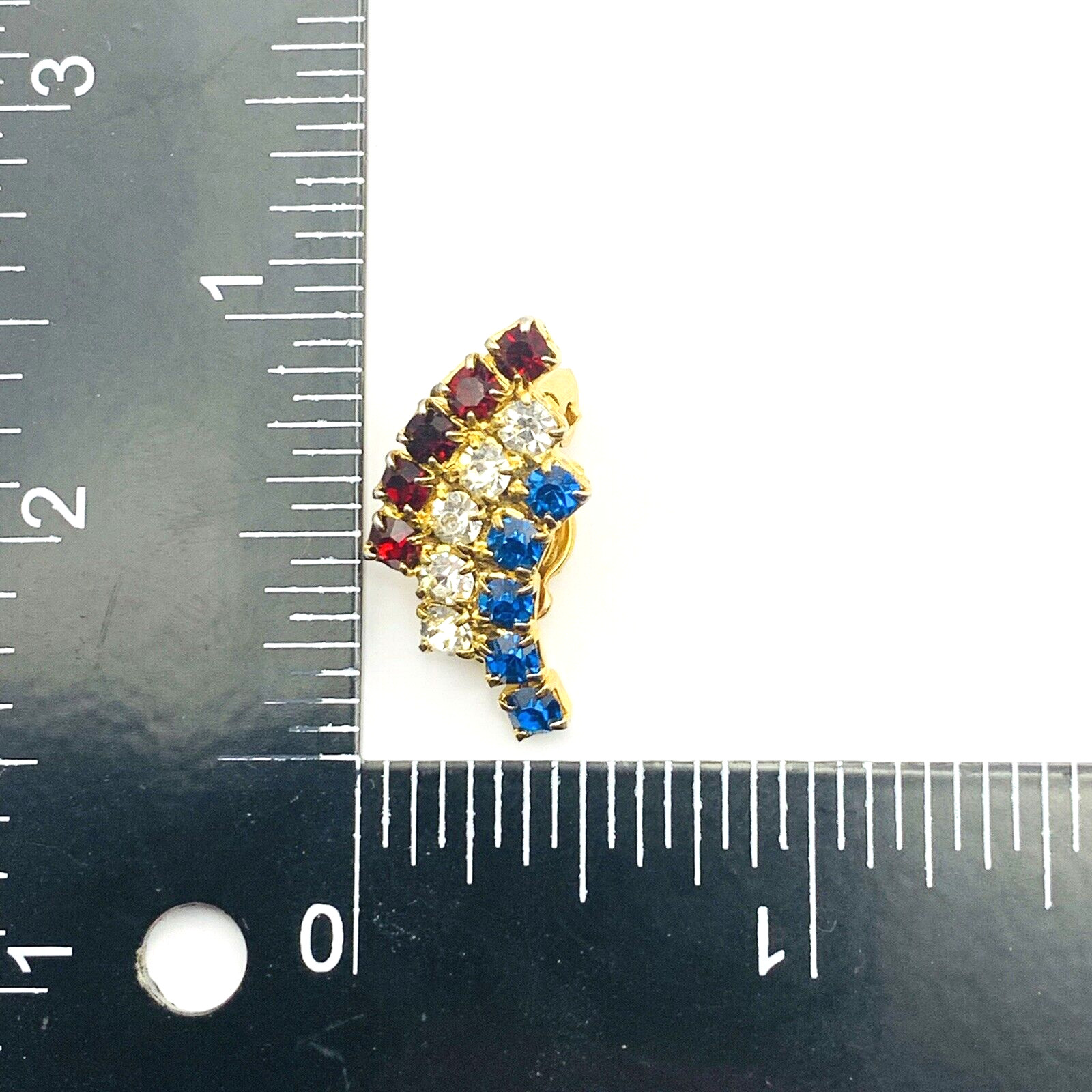 Vintage Patriotic Red White (Clear) Blue Rhinestone Clip On Earrings Gold Tone
