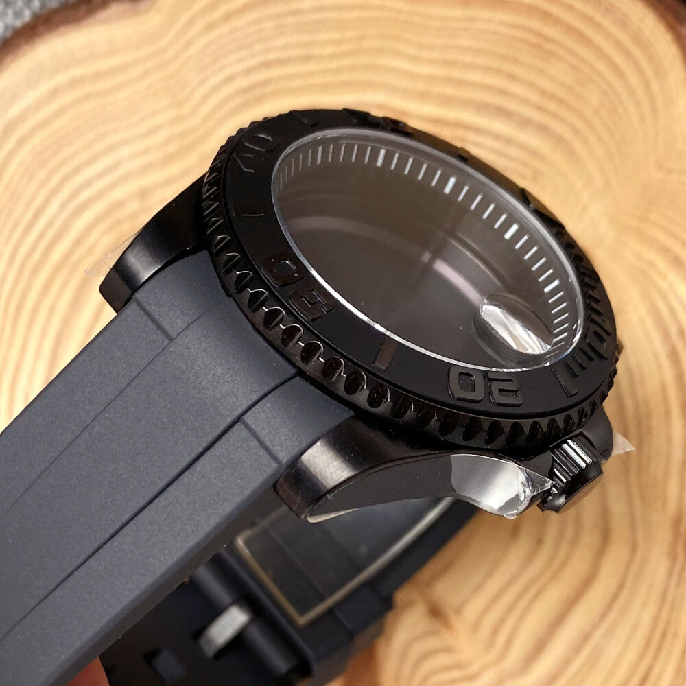 40mm Black PVD Sapphire Glass Watch Case Fit NH35A NH36A ETA2824 PT5000 Rubber
