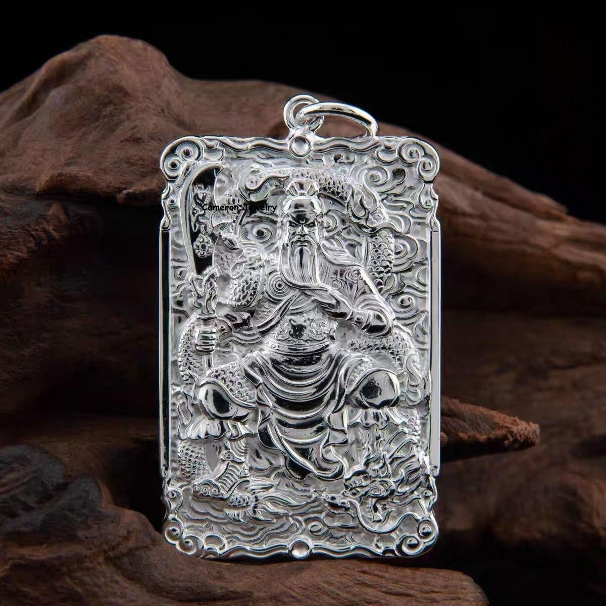 Pure 999 Fine Silver Filigree Guan Yu Dragon Oblong Amulet Pendant 29-30g
