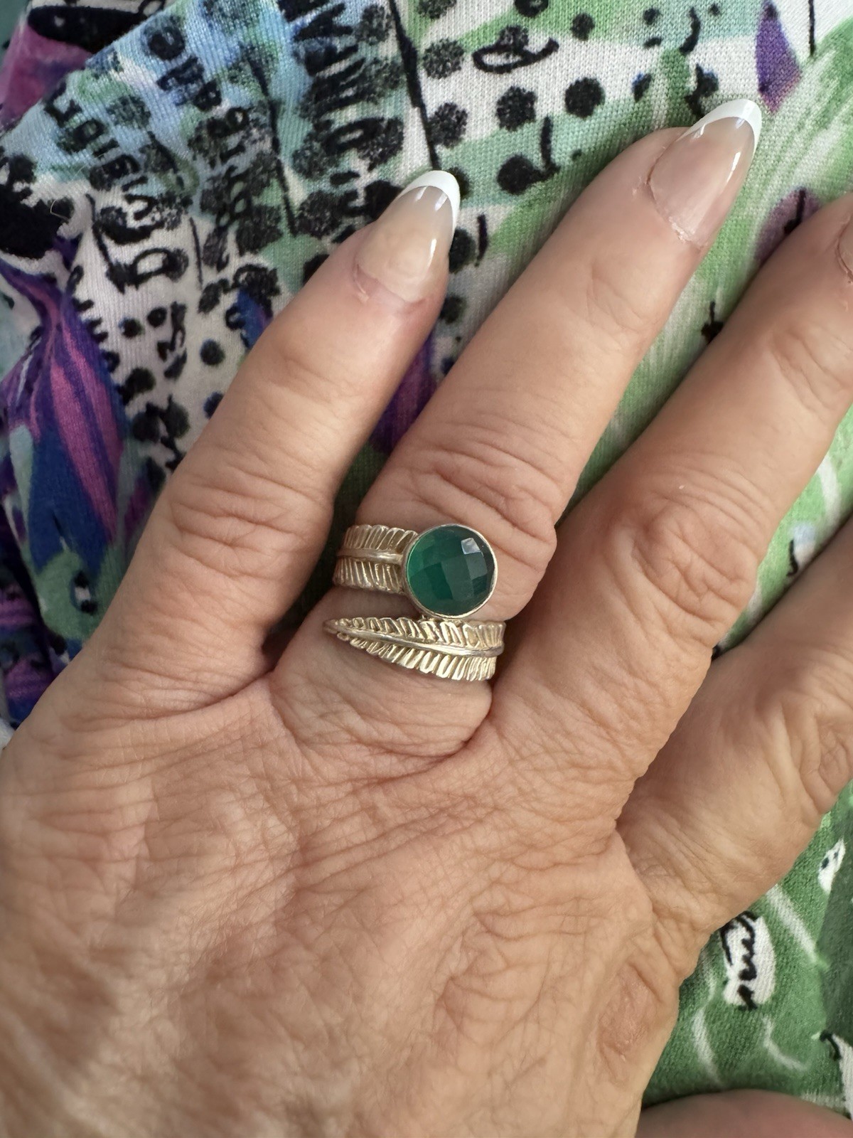 Sterling Silver 925 Green Faceted Stone Leaf Wrap Ring Boho Stunner Size 6.25