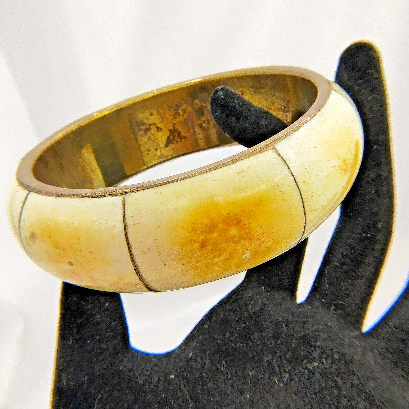 Vintage Brass Cream Inlay Bracelet Bangle Segmented Retro Bohemian Chunky
