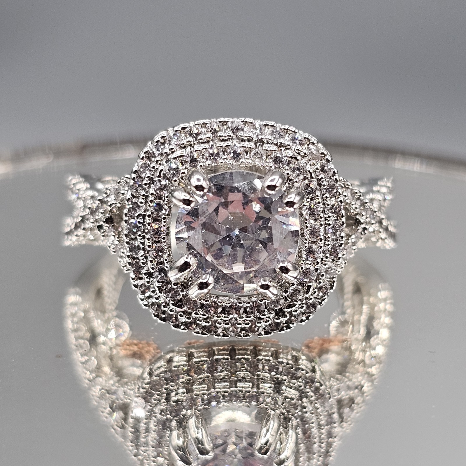 CZ Engagement Cocktail Ring Two Tone Double Halo Open Work Band Size 6.75