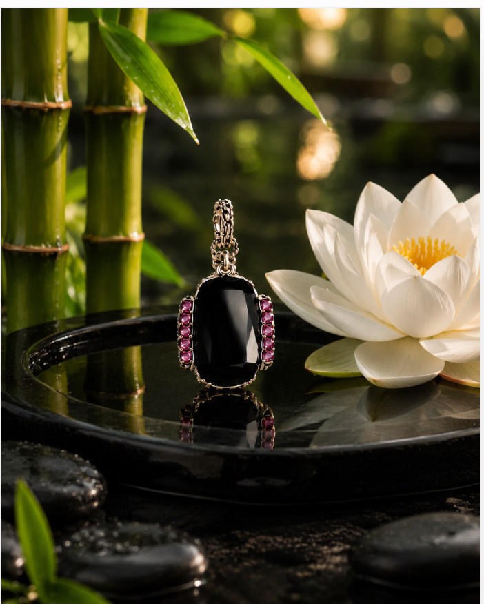 Barbara Bixby Black Onyx Cushion Cabochon Rhodolite Garnet Enhancer 925 18K NIB