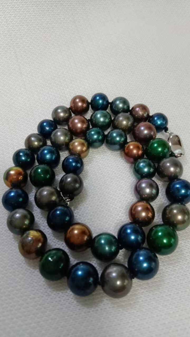 18″10-11mm genuine round black green multicolour pearl necklace