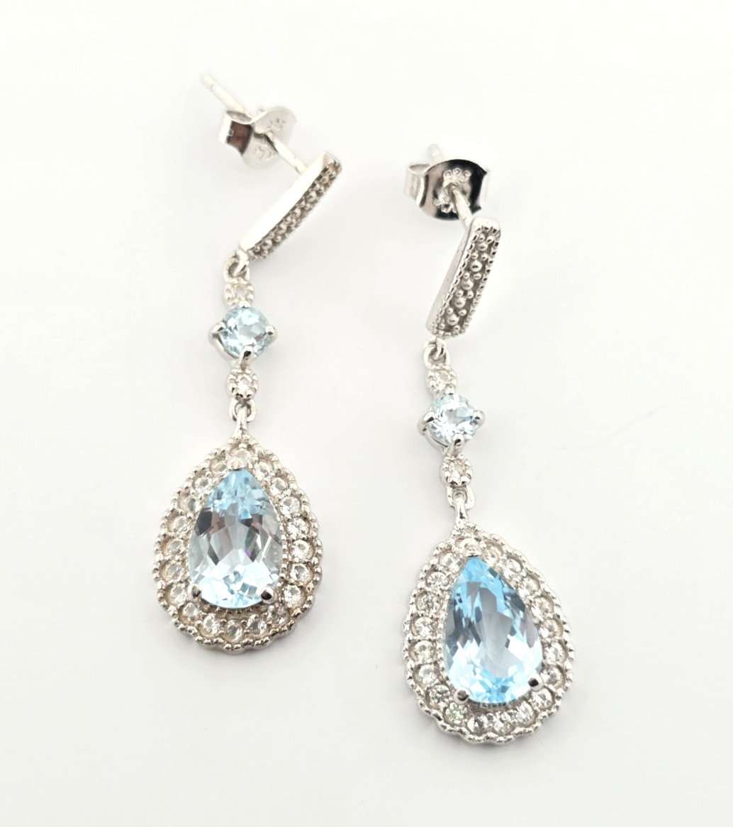 Sterling Silver 925 Blue Topaz White Sapphire Dangle Earrings Elegant Drop 1.25″