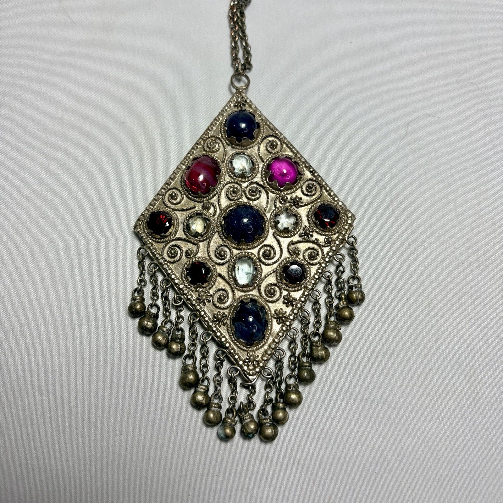 Vintage Kuchi Tribal Pendant Intricate Metalwork Adorned Colored Cabochons