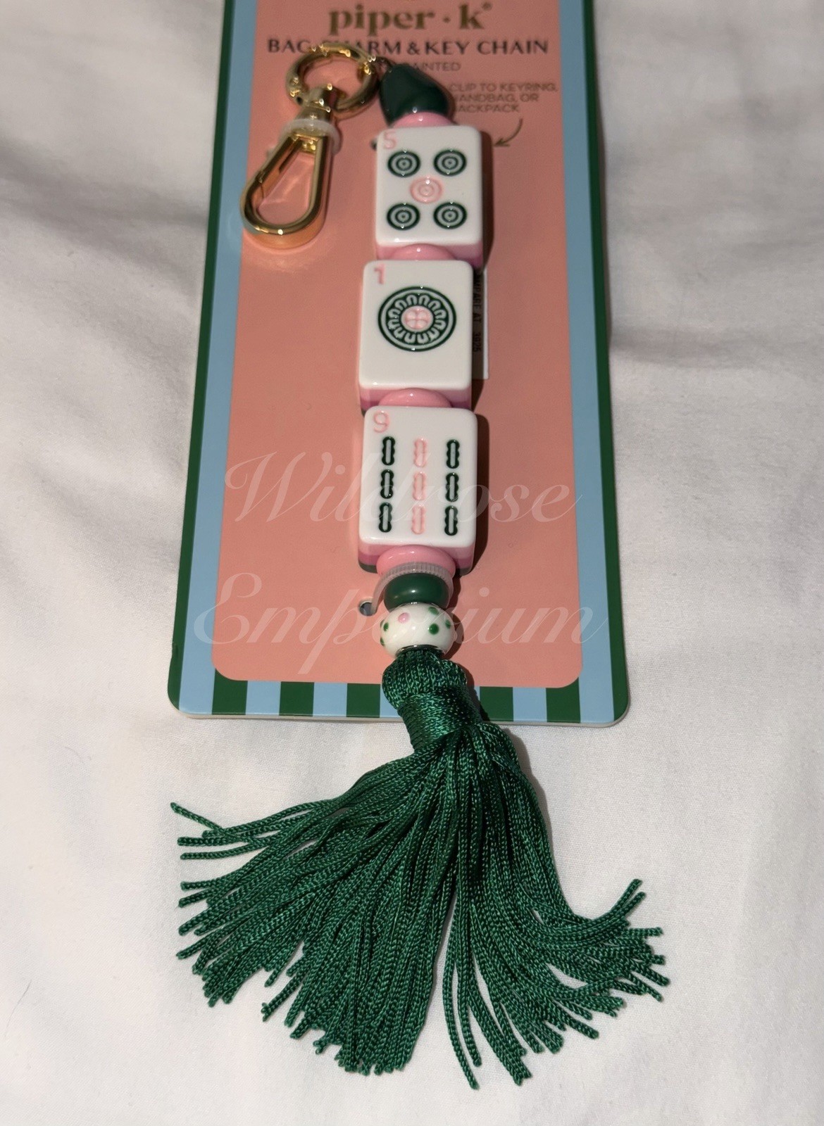Piper K whimsical pink green mahjong game tile motif keychain bag charm
