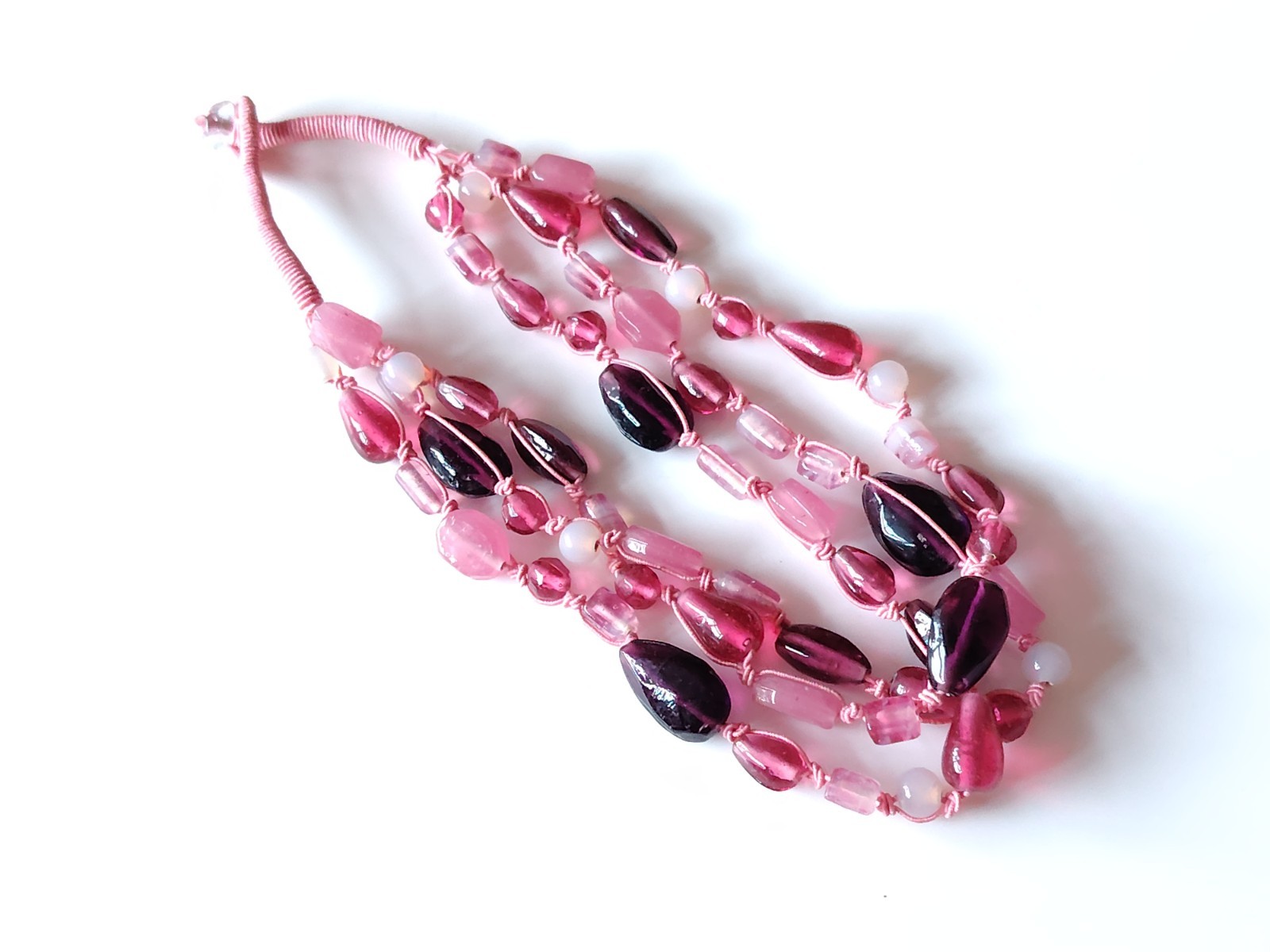 Pink Material Glass Bead Necklace Multi strand Mixed Shape Layering Toggle Clasp