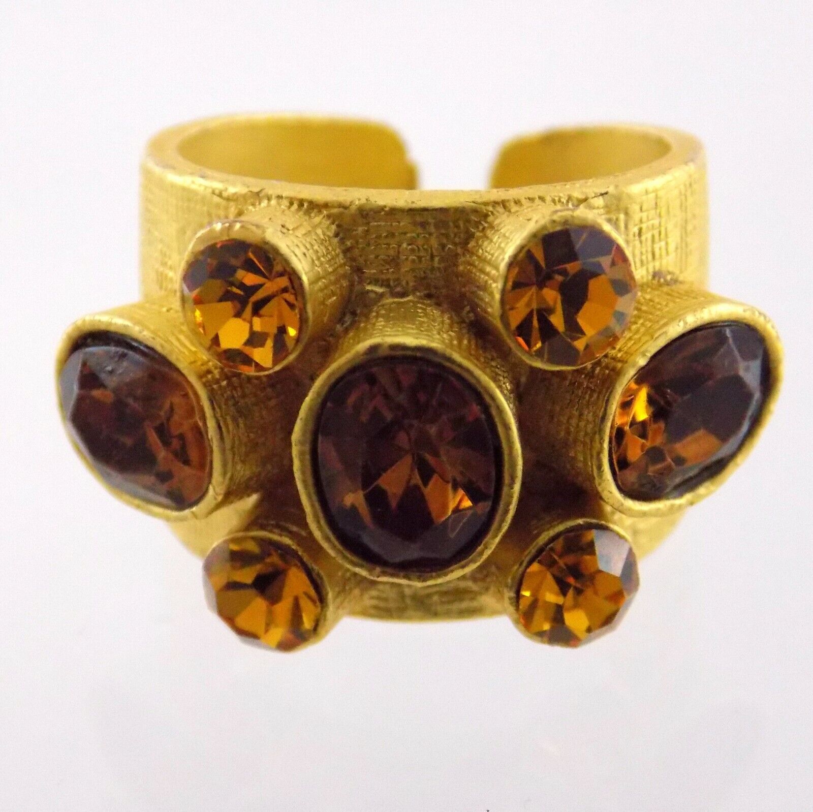 Goldtone Metal Brown Orange Rhinestones Ring Designer Signed White CZ Mark Sz 8