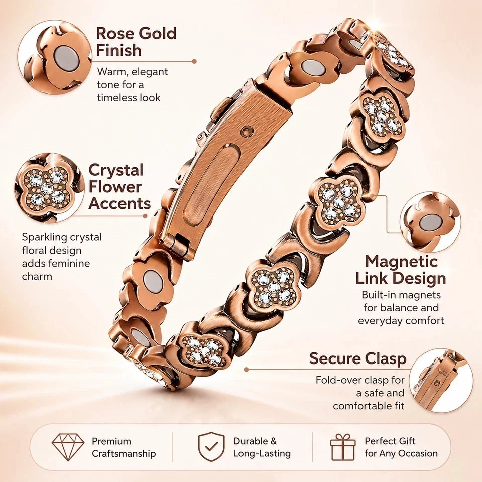 Women’s Copper Magnetic Bracelet Clover Crystal Adjustable Pain Relief Arthritis