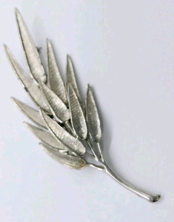 LEAF Brooch Silver tone Modernist Art Deco Estate Jewelry 3.75 in Large Vintage