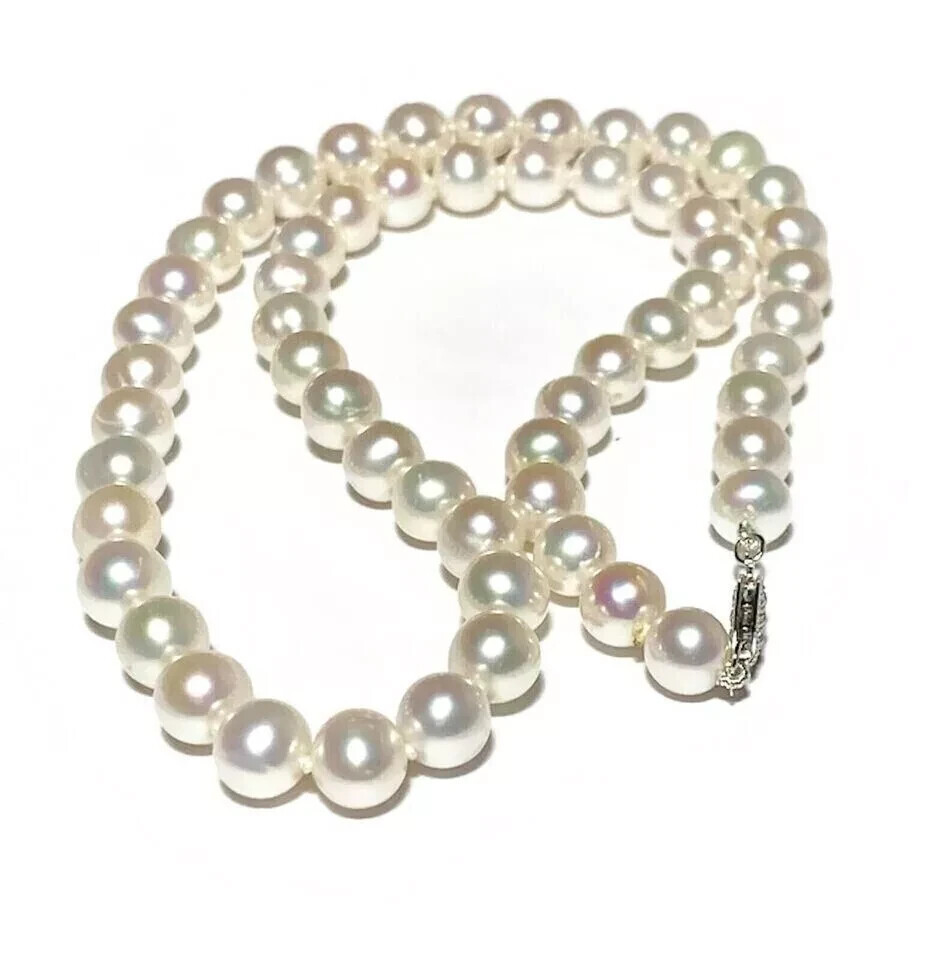 new Japanese Akoya 9-10mm white Pearl Necklace 18″ 14K Gold Clasp