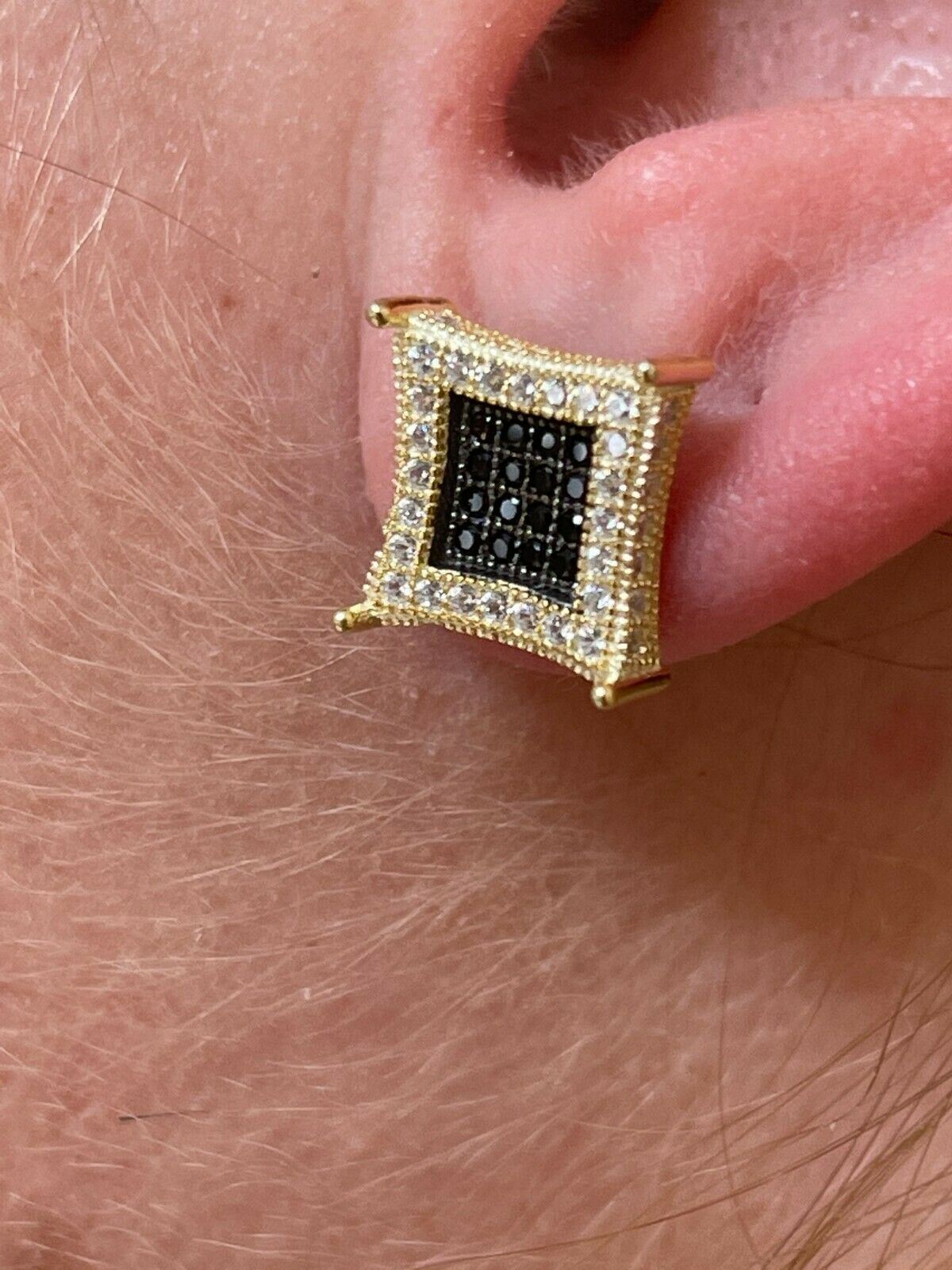Mens 14K Gold Plated 925 Silver Iced Kite Black CZ Square Earrings Studs