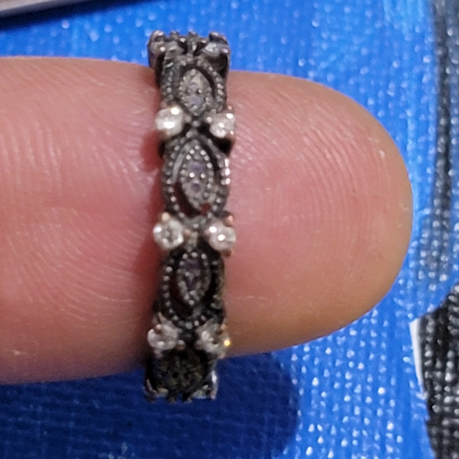 RARE black ruthenium-plated sterling wedding band with clear stones size 8.5