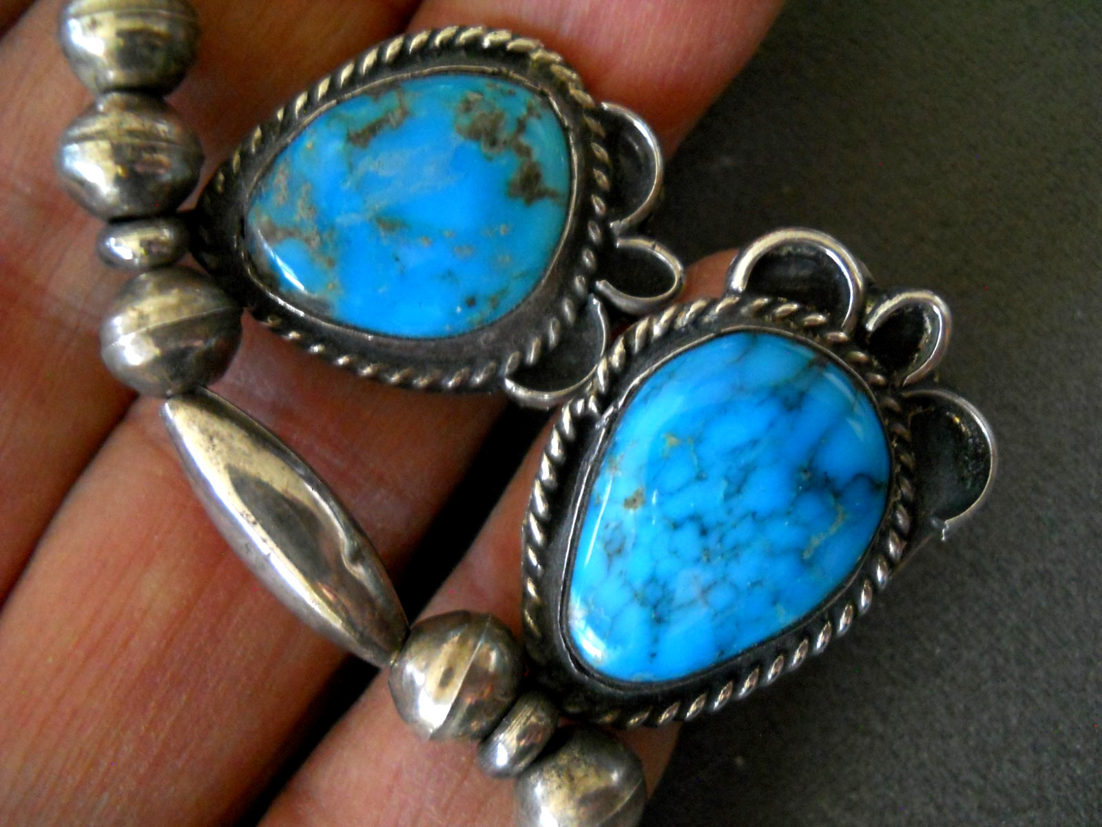 Native American Navajo Domed Rich Blue Turquoise Sterling Silver Bead Necklace