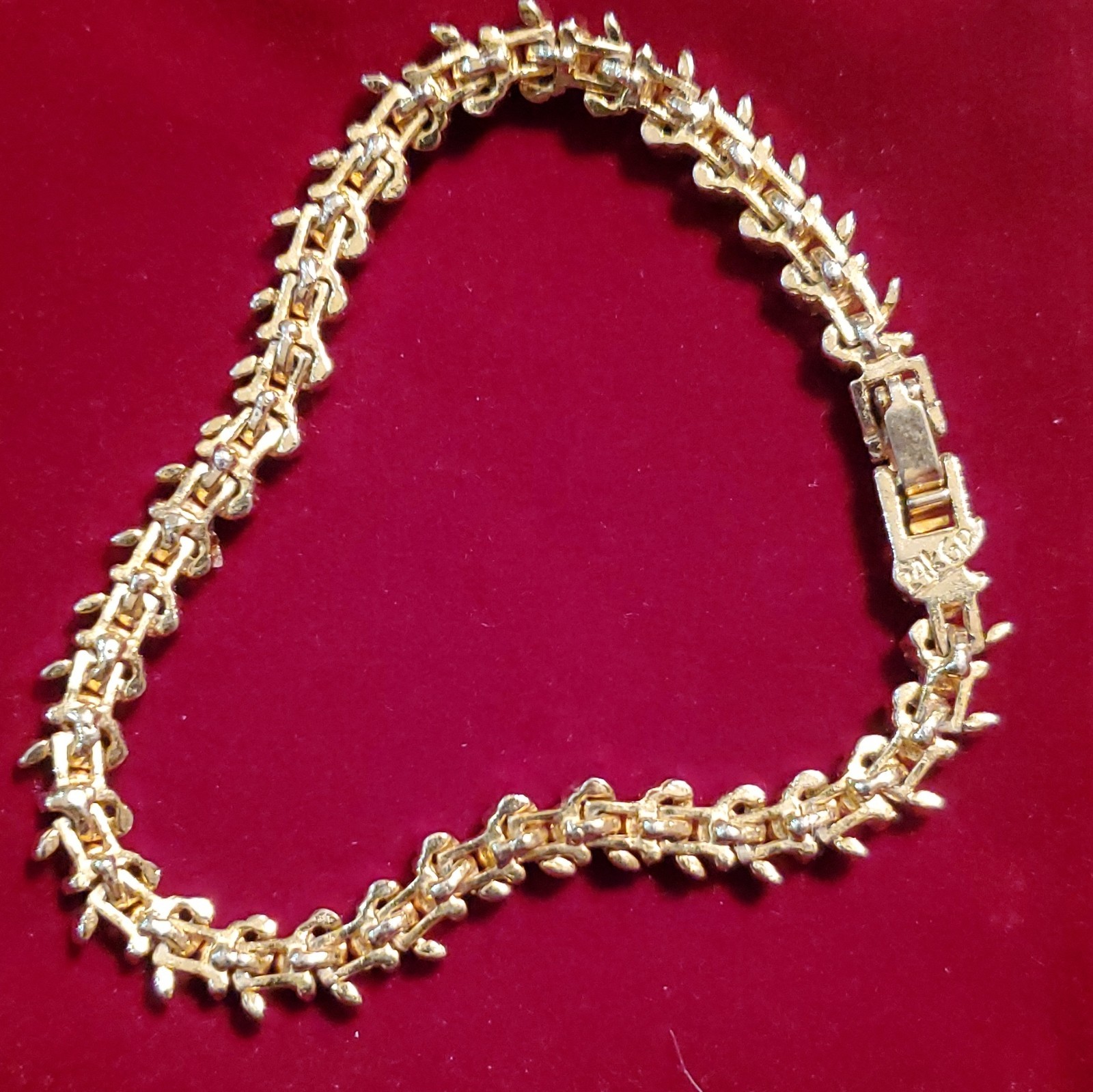 24 KGP Crystal Tennis Link Bracelet, Round Stones, Box Clasp, Signed