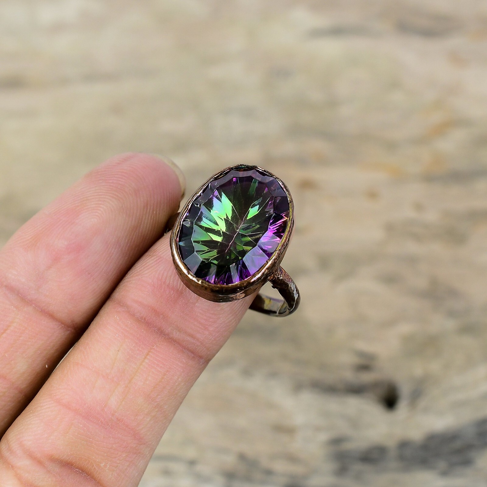Rainbow Mystic Topaz Electroformed Adjustable Ring Size Adjustable Copper