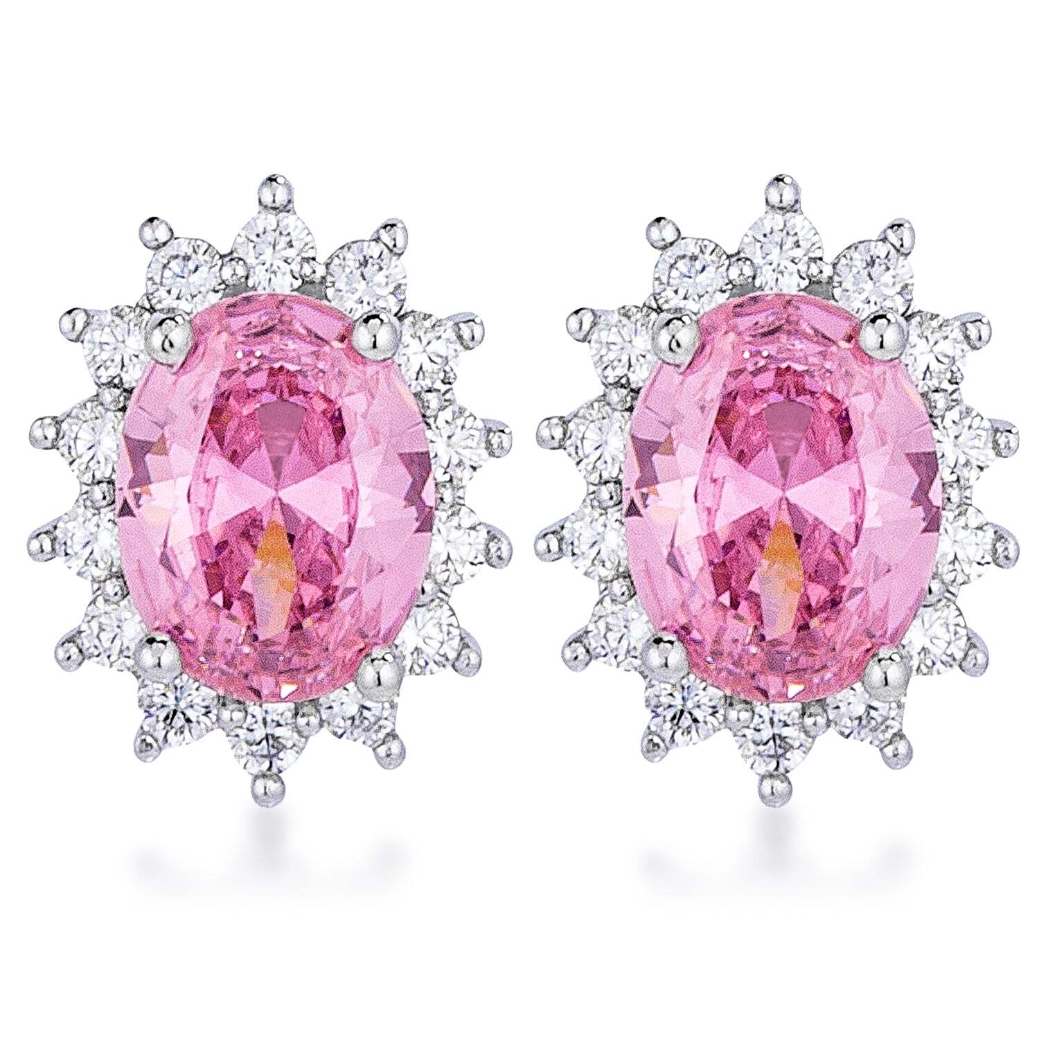 Silvertone Rhodium Plated Brass Pink Cubic Zirconia Oval Royal Earring Studs