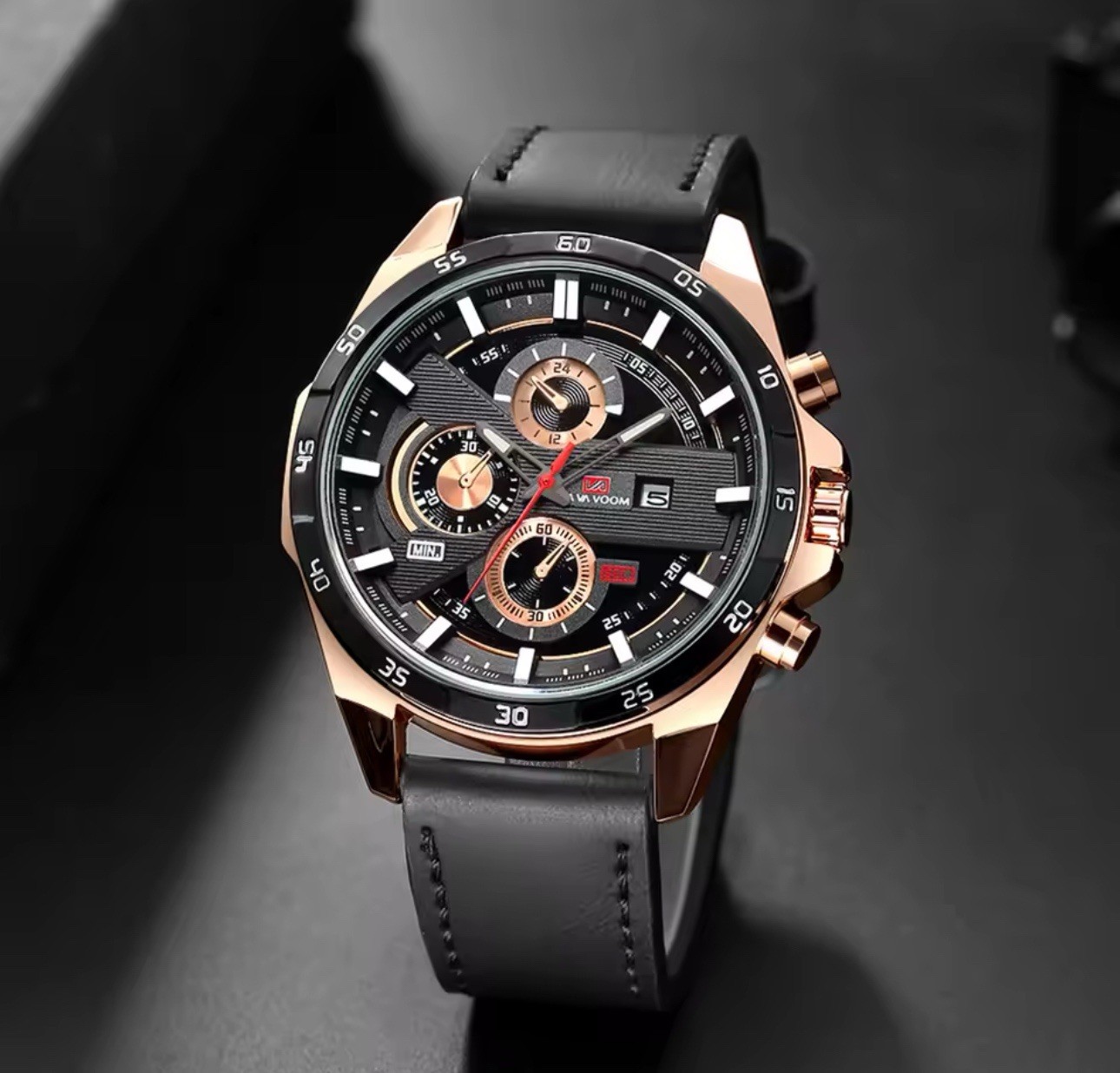 VAVOOM Men’s Quartz Chronograph Watch Date Analog 44-47.9mm Leather/SS
