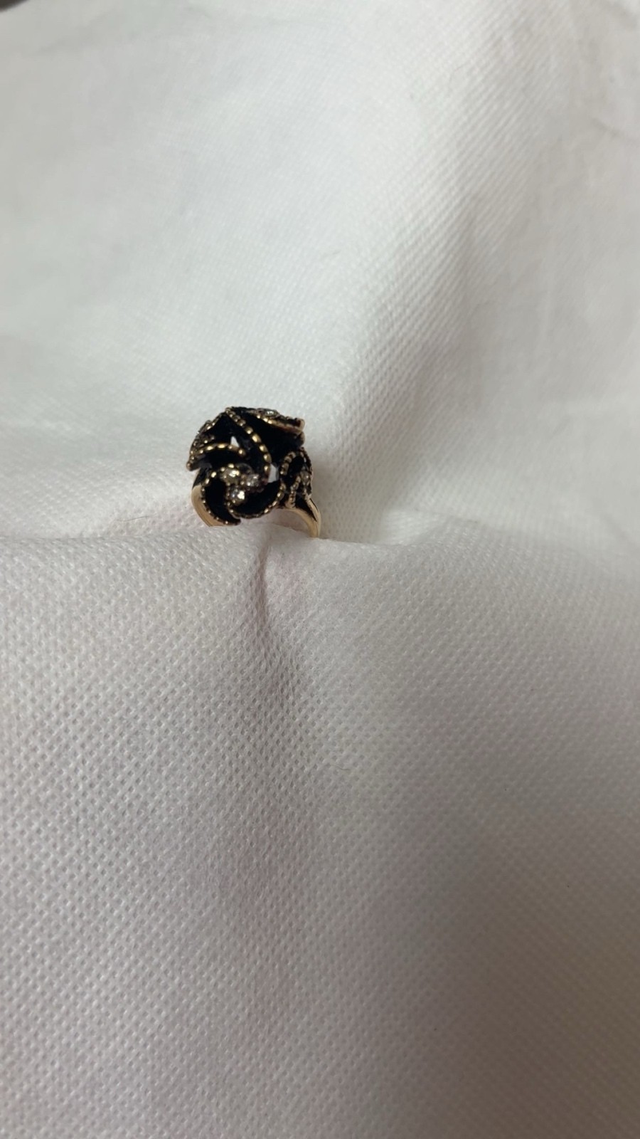 Vintage Gold-Tone Swirling Ring with Black Enamel and Clear Rhinestones, Gift-Ed