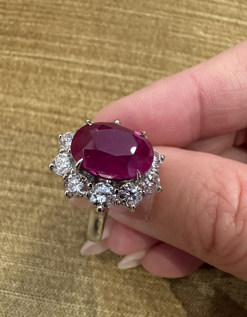 GIA Burma Heated Ruby 7.71 ct Oval in Diamond Platinum Ring – HM2421VN