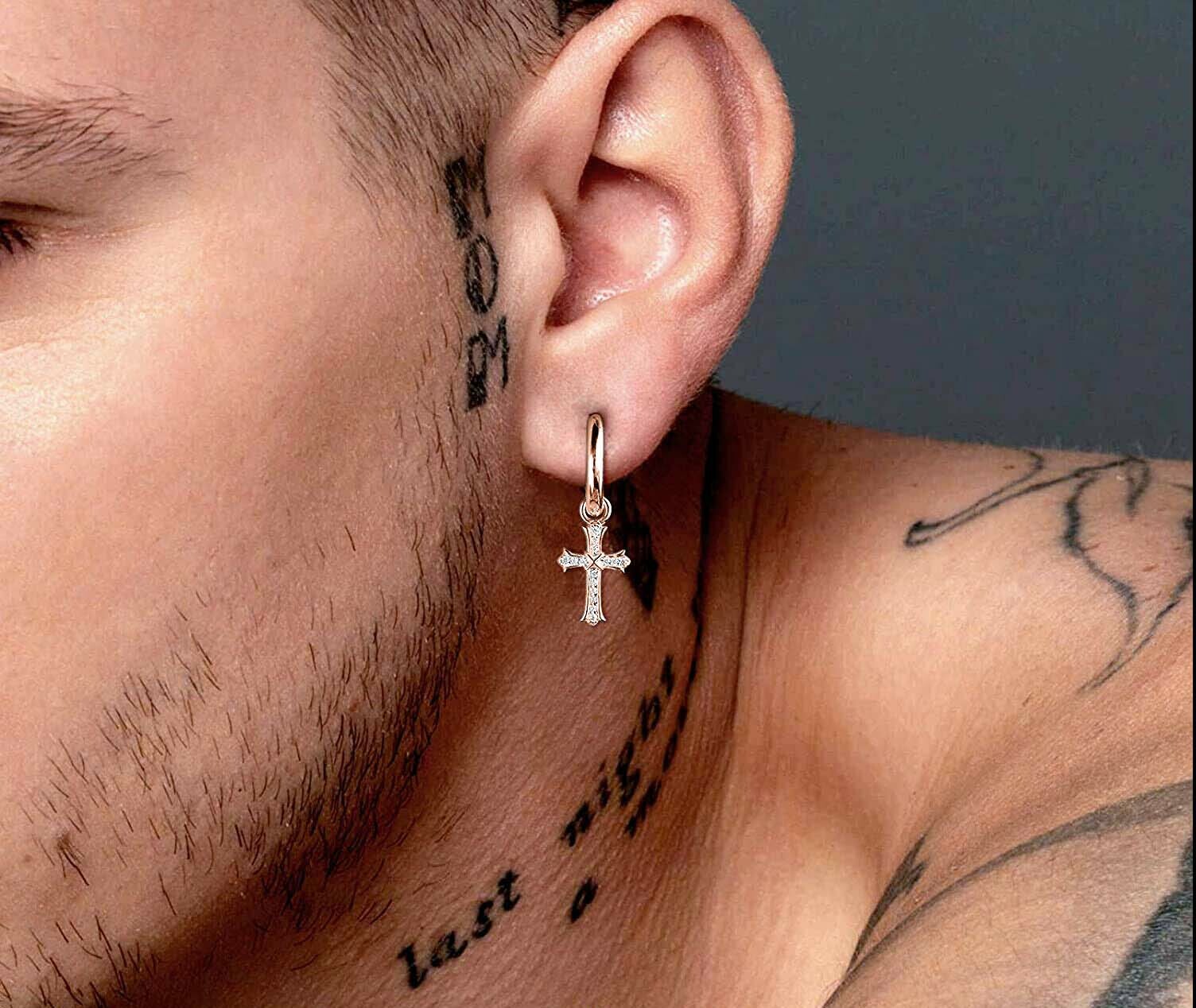 Men & Women 18K Rose Gold Plated CZ Cross Leverback Huggie Hoop Drop Earrings