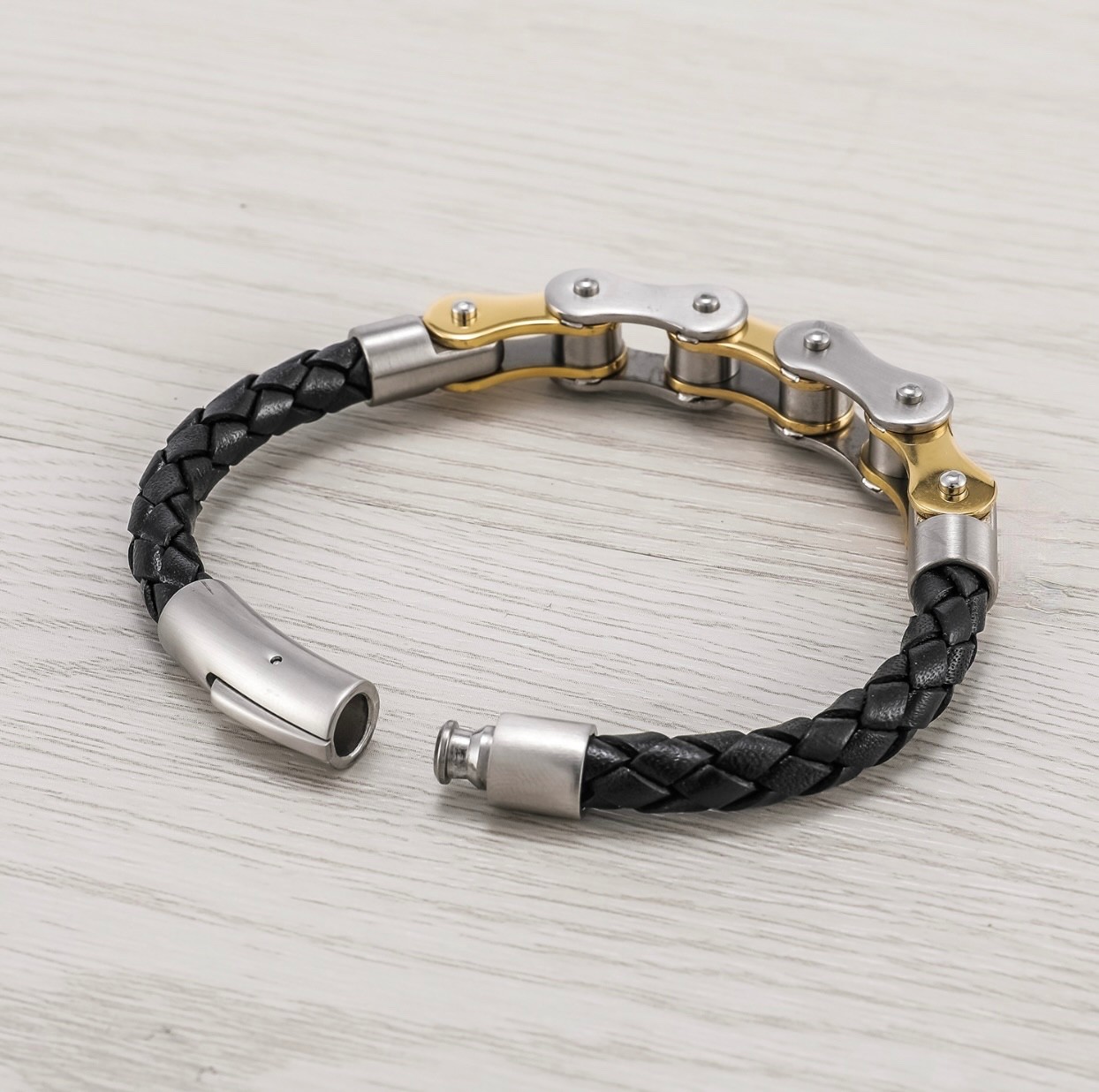 Leather Bike Chain Bracelet, Biker Gothic Rugged 8.5in