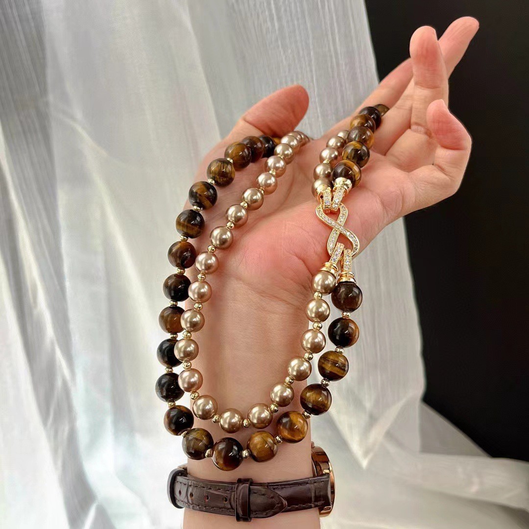 Meirade Style 8+10mm/0.32+0.39in Tiger’s Eye Double-Layer Pearl Necklace
