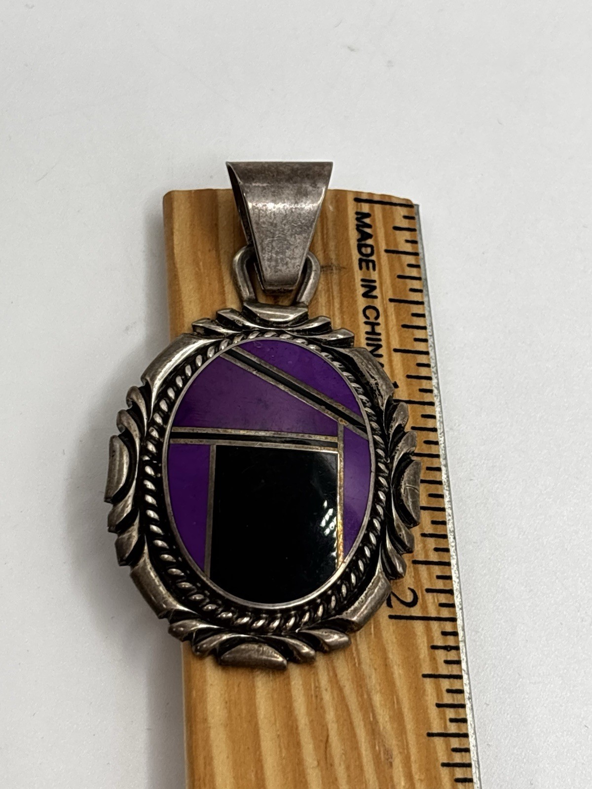 Vintage Native Sterling Silver 925 Purple Black inlay Pendant Bull Makers Mark