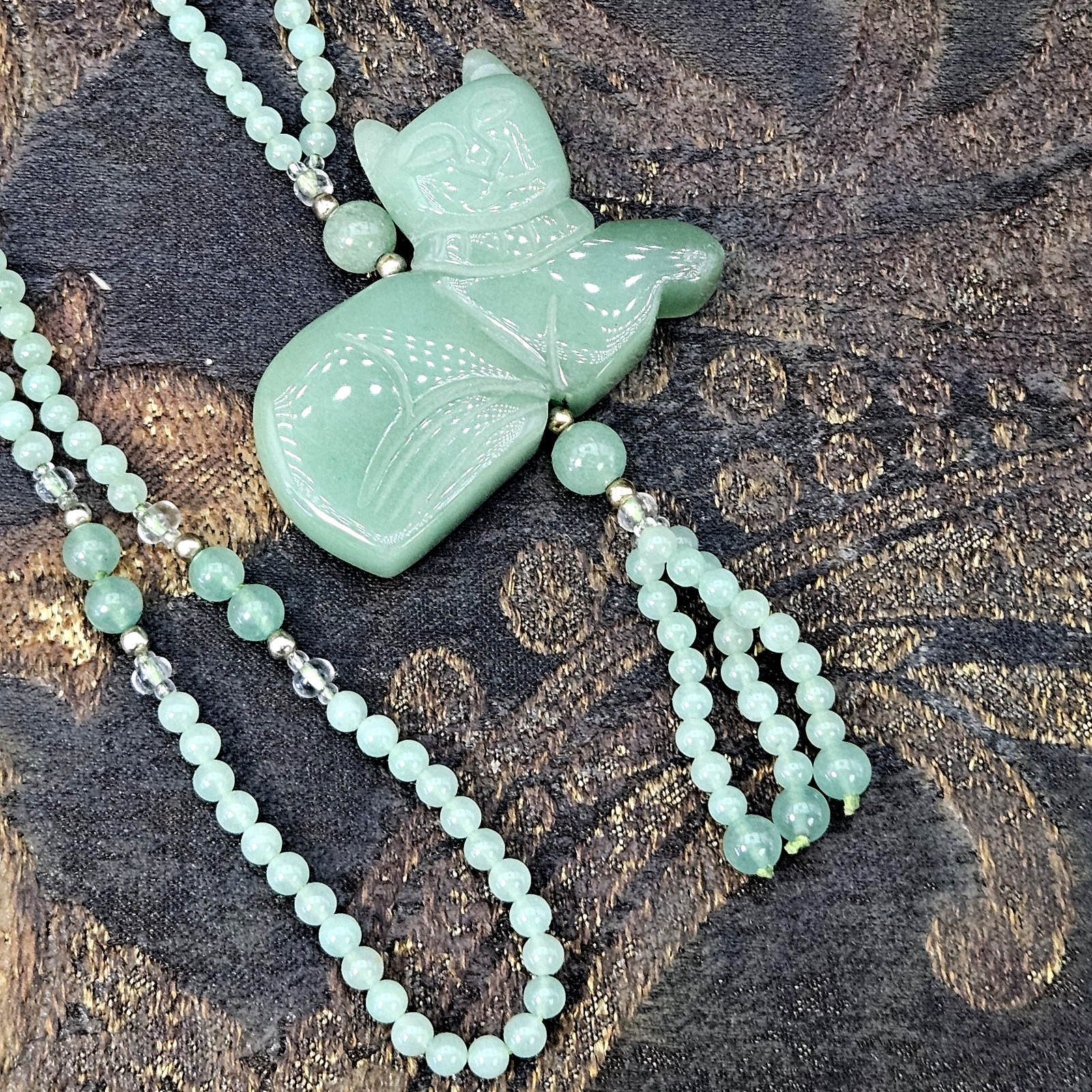 VTG Asian Jadeite Tested Carved Cat Pendant Necklace Aventurine Cloisonne 28″