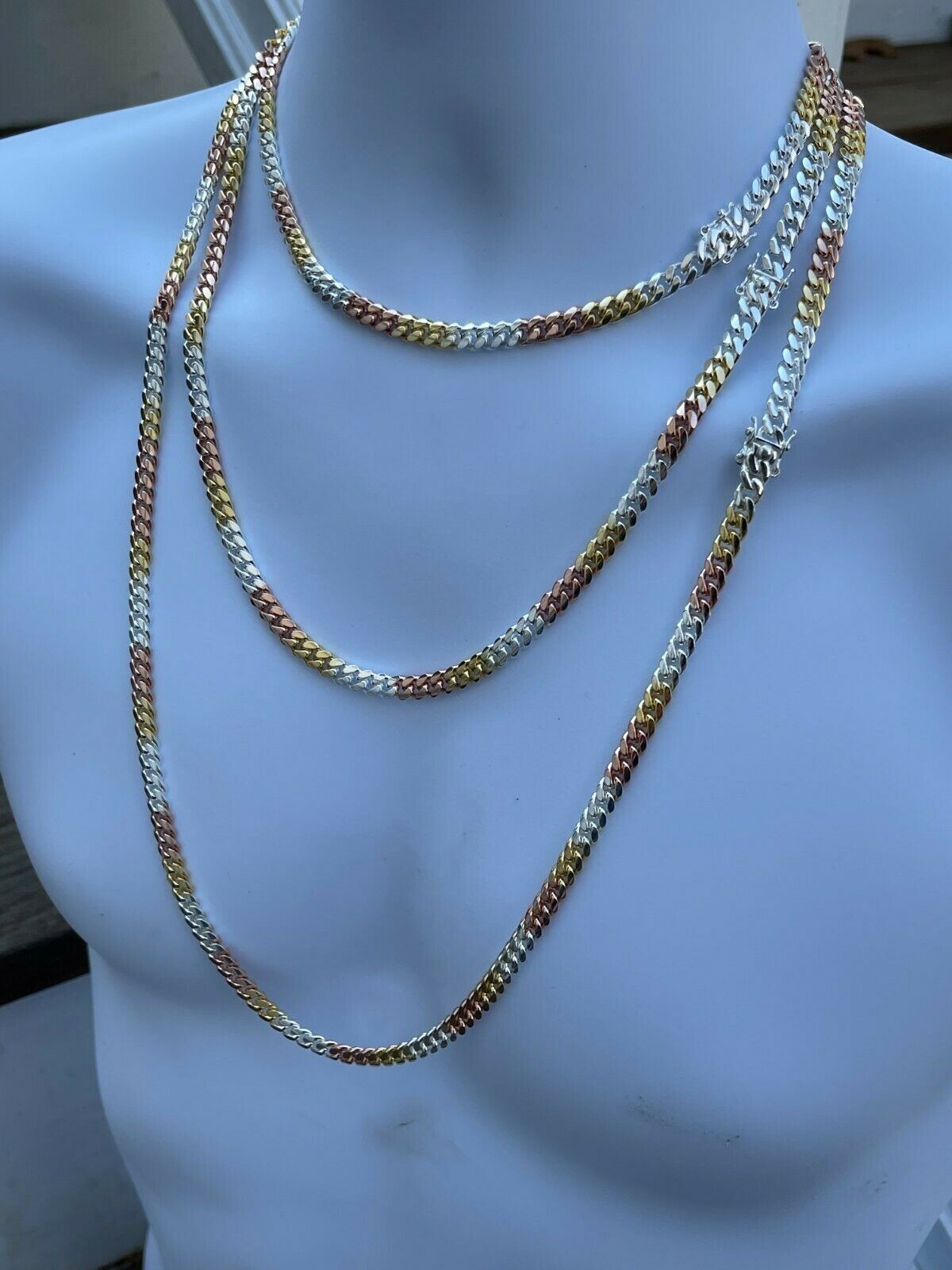 Tri Color Solid 925 Silver Rose & 14k Gold Plated Miami Cuban Necklace Bracelet