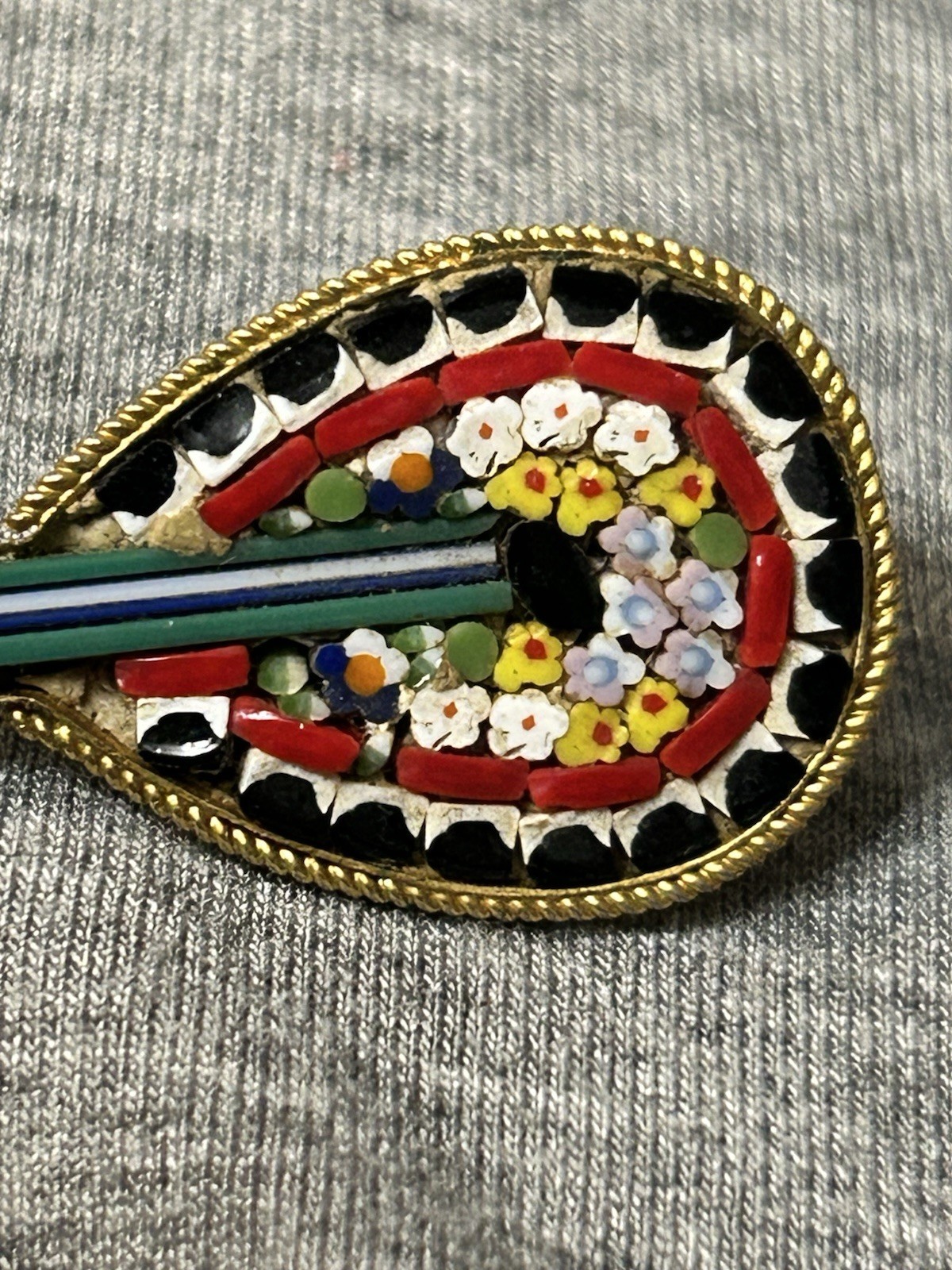 Vintage Italian Micro Mosaic Mandolin Brooch Pin Millefiori Made In Italy 1950s